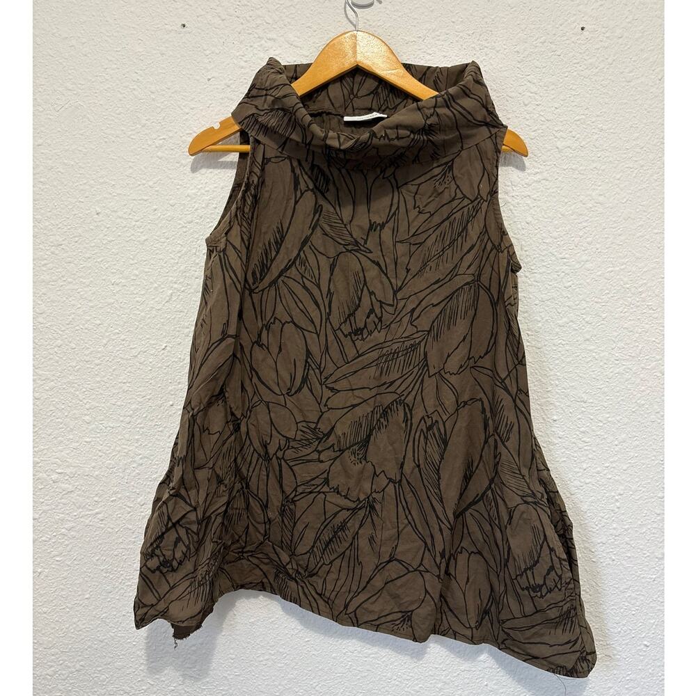 Bryn Walker High Neck Brown Floral Print Tunic Top XS Lagenlook Coastal